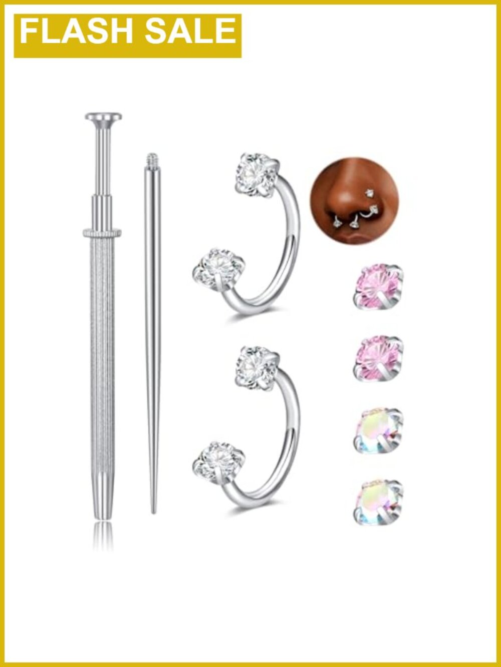 18g Stainless Steel Horseshoe Nose Ring Hoop Double Stud Piercing Jewelry